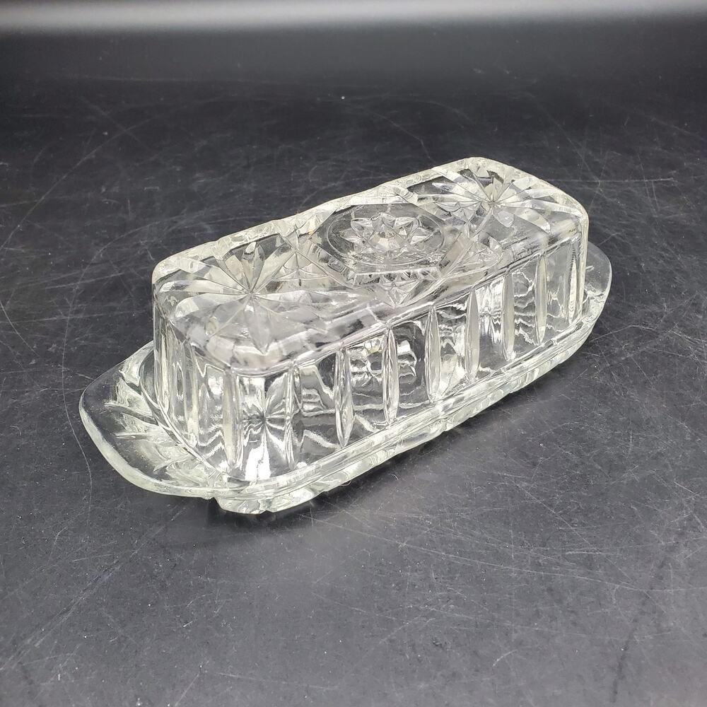 Vintage Cut Pressed Glass Covered Butter Dish Starburst Diamond Pattern